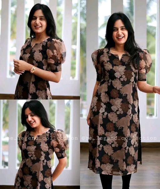 Self Design Organza Linen Blue Flower Design Kurti