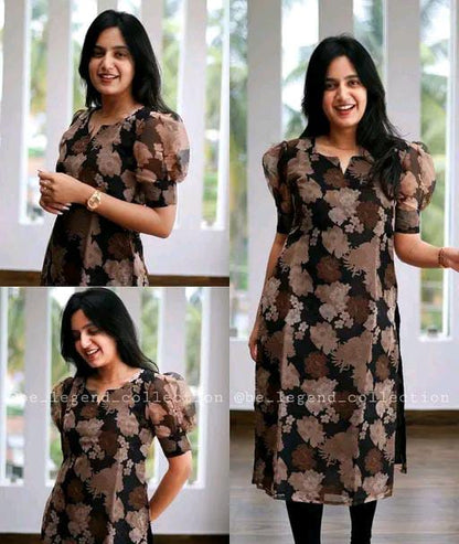Self Design Organza Linen Blue Flower Design Kurti