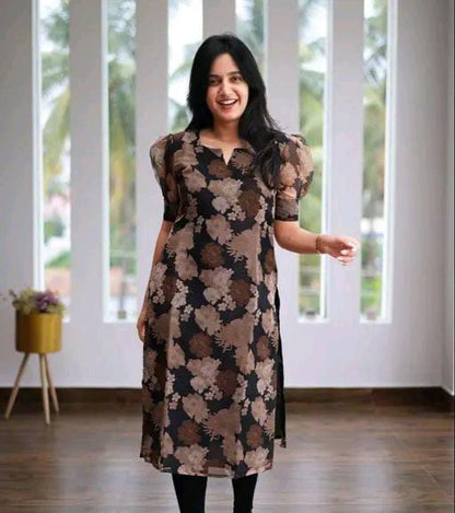 Self Design Organza Linen Blue Flower Design Kurti